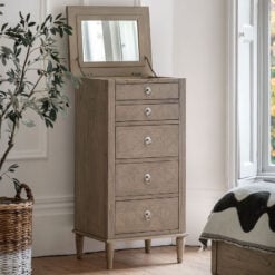 Rustic Country Farmhouse Light Mindy Wood Parquet 5 Drawer Tallboy Chest Of Drawers With Lift Top Vanity Mirror