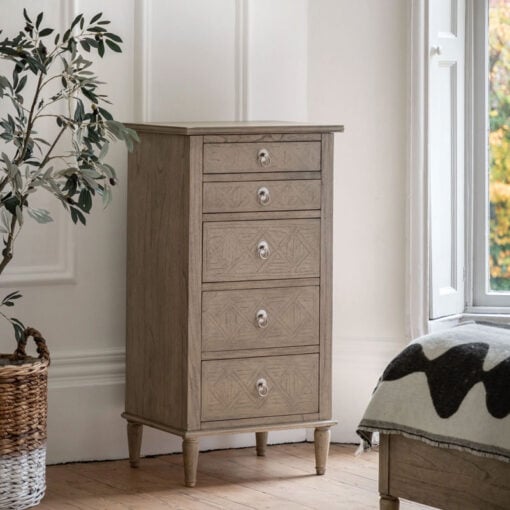 Rustic Country Farmhouse Light Mindy Wood Parquet 5 Drawer Tallboy Chest Of Drawers With Lift Top Vanity Mirror