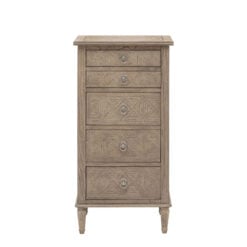 Rustic Country Farmhouse Light Mindy Wood Parquet 5 Drawer Tallboy Chest Of Drawers With Lift Top Vanity Mirror
