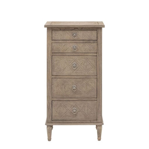 Rustic Country Farmhouse Light Mindy Wood Parquet 5 Drawer Tallboy Chest Of Drawers With Lift Top Vanity Mirror