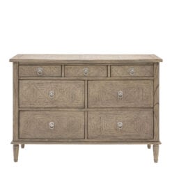 Rustic Country Farmhouse Light Mindy Wood Parquet 7 Drawer Chest Of Drawers 130cm