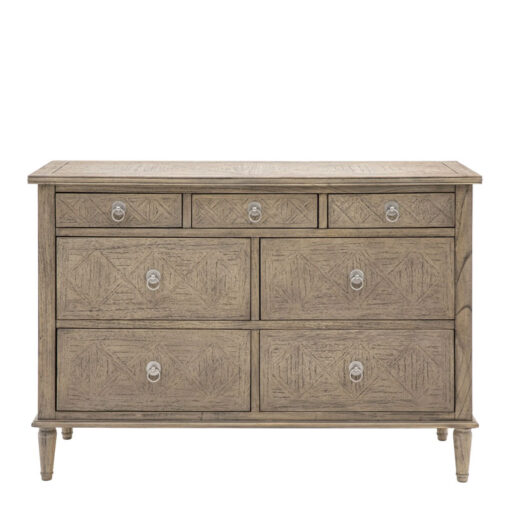 Rustic Country Farmhouse Light Mindy Wood Parquet 7 Drawer Chest Of Drawers 130cm