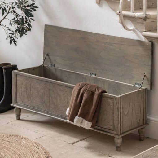Rustic Country Farmhouse Light Mindy Wood Parquet Trunk Lift Top Storage Hallway Bedroom Bench 130cm