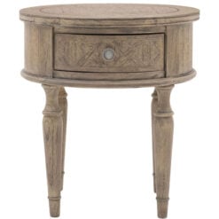 Rustic Country Farmhouse Solid Light Mindy Wood Parquet 1 Drawer Round Bedside Cabinet Side Table