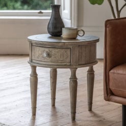 Rustic Country Farmhouse Solid Light Mindy Wood Parquet 1 Drawer Round Bedside Cabinet Side Table