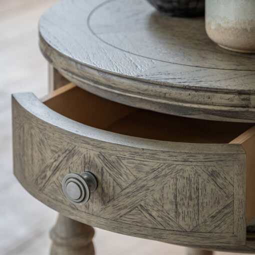 Rustic Country Farmhouse Solid Light Mindy Wood Parquet 1 Drawer Round Bedside Cabinet Side Table