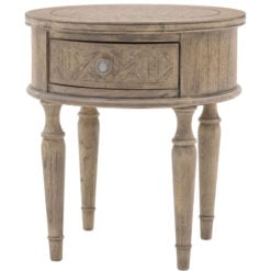 Rustic Country Farmhouse Solid Light Mindy Wood Parquet 1 Drawer Round Bedside Cabinet Side Table