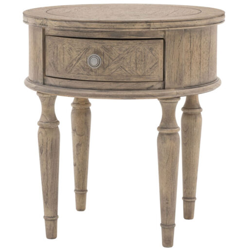 Rustic Country Farmhouse Solid Light Mindy Wood Parquet 1 Drawer Round Bedside Cabinet Side Table