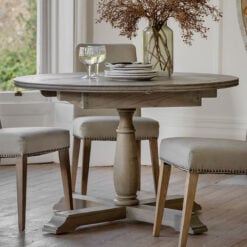 Rustic Country Farmhouse Solid Light Mindy Wood Parquet Round 4 - 6 Seater Extending Dining Table With A Pillar Leg 120cm - 165cm