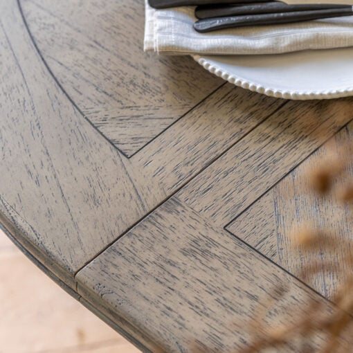 Rustic Country Farmhouse Solid Light Mindy Wood Parquet Round 4 - 6 Seater Extending Dining Table With A Pillar Leg 120cm - 165cm