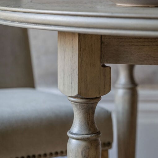 Rustic Country Farmhouse Solid Light Mindy Wood Parquet Round 4 Seater Dining Table With Carved Legs 110cm Rustic Country Farmhouse Solid Light Mindy Wood Parquet Round 4 Seater Dining Table With Carved Legs 110cm