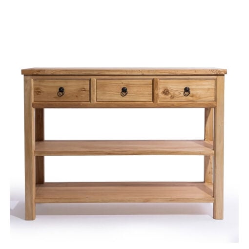 Rustic Country Farmhouse Solid Light Reclaimed Elm Wood 3 Tier 3 Drawer Large Console Table 120cm