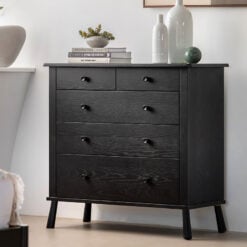 Rustic Scandi Japandi Black Oak Wood 5 Drawer Chest Of Drawers 98cm