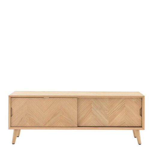 Rustic Scandi Japandi Light Oak Wood 2 Chevron Sliding Doors Large TV Stand Media Unit 140cm