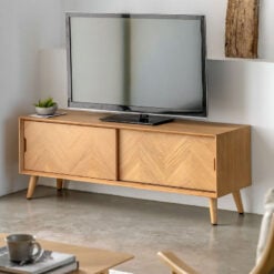 Rustic Scandi Japandi Light Oak Wood 2 Chevron Sliding Doors Large TV Stand Media Unit 140cm