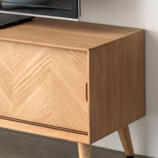 Rustic Scandi Japandi Light Oak Wood 2 Chevron Sliding Doors Large TV Stand Media Unit 140cm