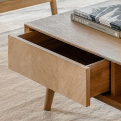 Rustic Scandi Japandi Light Oak Wood 2 Tier 2 Chevron Drawers Rectangular Coffee Table 100cm