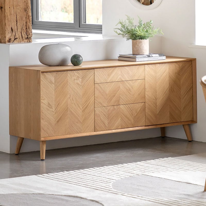Rustic Scandi Japandi Light Oak Wood 3 Chevron Drawers 3 Doors Large Sideboard 160cm Rustic Scandi Japandi Light Oak Wood 3 Chevron Drawers 3 Doors Large Sideboard 160cm