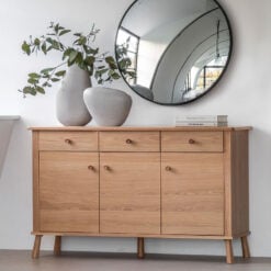 Rustic Scandi Japandi Light Oak Wood 3 Drawer 3 Door Sideboard 140cm
