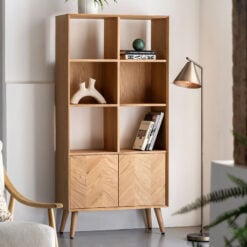 Rustic Scandi Japandi Light Oak Wood 3 Tier 2 Chevron Doors Shelving Bookcase Display Cabinet 170cm