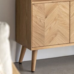 Rustic Scandi Japandi Light Oak Wood 3 Tier 2 Chevron Doors Shelving Bookcase Display Cabinet 170cm