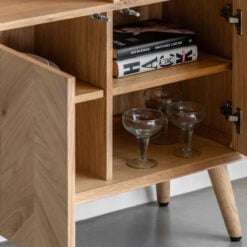 Rustic Scandi Japandi Light Oak Wood 3 Tier 2 Chevron Doors Shelving Bookcase Display Cabinet 170cm