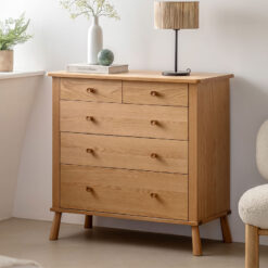 Rustic Scandi Japandi Light Oak Wood 5 Drawer Chest Of Drawers 98cm