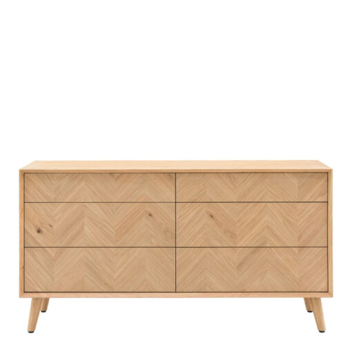 Rustic Scandi Japandi Light Oak Wood 6 Chevron Drawers Chest Of Drawers 134cm
