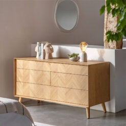 Rustic Scandi Japandi Light Oak Wood 6 Chevron Drawers Chest Of Drawers 134cm