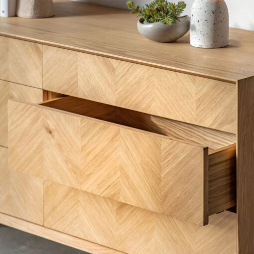 Rustic Scandi Japandi Light Oak Wood 6 Chevron Drawers Chest Of Drawers 134cm