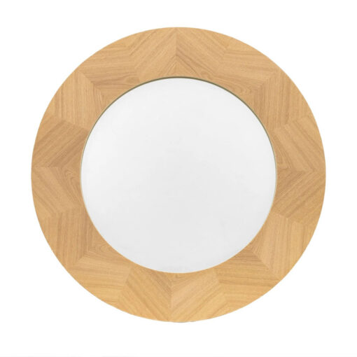 Rustic Scandi Japandi Light Oak Wood Chevron Round Large Wall Mirror 90cm