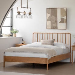 Rustic Scandi Japandi Solid Light Oak Wood Spindle Headboard King Size Bed Frame