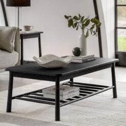 Rustic Scandi Japandi Solid Black Oak Wood 2 Tier Rectangular Large Coffee Table  120cm