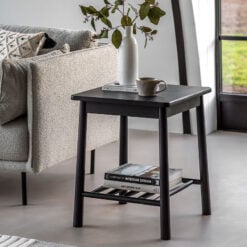 Rustic Scandi Japandi Solid Black Oak Wood 2 Tier Spindle Shelf Square Side Table