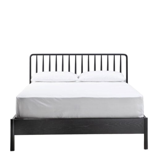 Rustic Scandi Japandi Solid Black Oak Wood Spindle Headboard King Size Bed Frame