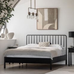 Rustic Scandi Japandi Solid Black Oak Wood Spindle Headboard King Size Bed Frame