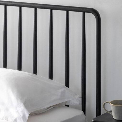 Rustic Scandi Japandi Solid Black Oak Wood Spindle Headboard King Size Bed Frame