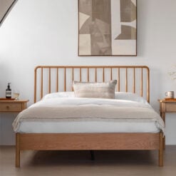 Rustic Scandi Japandi Solid Light Oak Wood Spindle Headboard Double Bed Frame