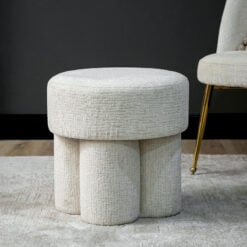 Textured Chenille Upholstered Cream Round Stool Footstool Ottoman 48cm