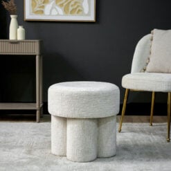 Textured Chenille Upholstered Cream Round Stool Footstool Ottoman 48cm
