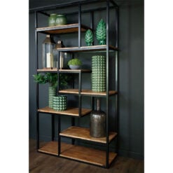 6 Tier Large Open Industrial Black Metal And Solid Wood Shelving Display Unit Bookcase 203cm
