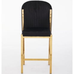 Art Deco Black Velvet And Gold Metal Fixed Height Barstool With Footrest And Curved Scoop Back