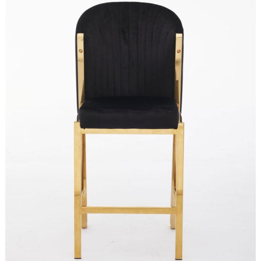 Art Deco Black Velvet And Gold Metal Fixed Height Barstool With Footrest And Curved Scoop Back