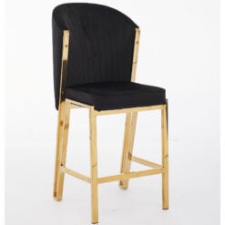 Art Deco Black Velvet And Gold Metal Fixed Height Barstool With Footrest And Curved Scoop Back