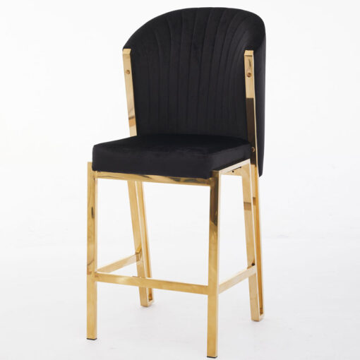 Art Deco Black Velvet And Gold Metal Fixed Height Barstool With Footrest And Curved Scoop Back