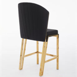 Art Deco Black Velvet And Gold Metal Fixed Height Barstool With Footrest And Curved Scoop Back