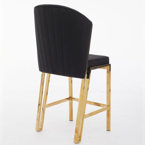 Art Deco Black Velvet And Gold Metal Fixed Height Barstool With Footrest And Curved Scoop Back
