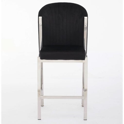 Art Deco Black Velvet And Silver Chrome Metal Fixed Height Barstool With Footrest And Curved Scoop Back