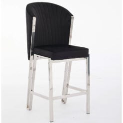 Art Deco Black Velvet And Silver Chrome Metal Fixed Height Barstool With Footrest And Curved Scoop Back