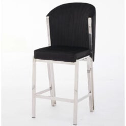 Art Deco Black Velvet And Silver Chrome Metal Fixed Height Barstool With Footrest And Curved Scoop Back